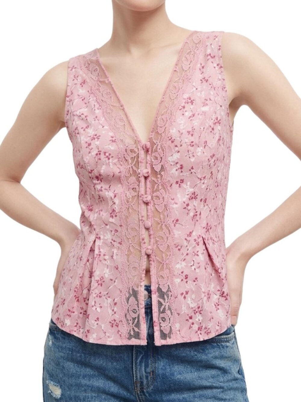 Reformation Cristina Top Lace Trim V-Neck Blouse Baby's Breath Pink Floral 8
